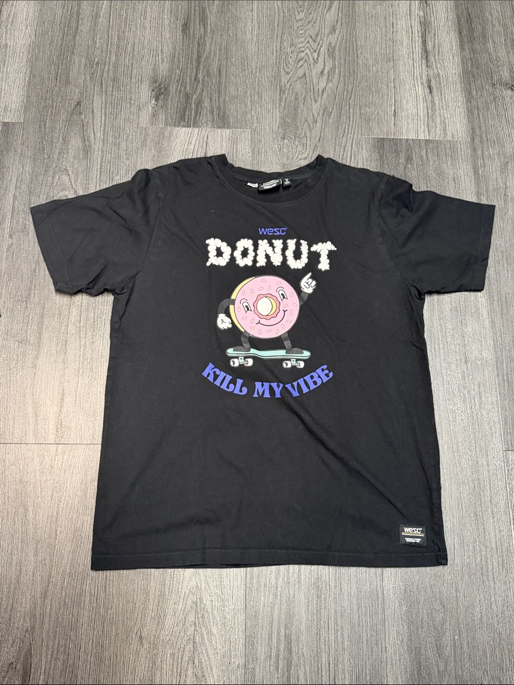 WESC Black Tee with Pink Donut Skate Graphic